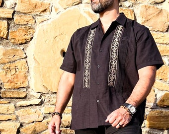 Mexican Traditional Guayabera for him, Linen Shirt for Men, Yucatan Guayabera, button up shirt, gift for him, Black and tan Short Sleeve