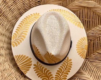 Mexican Palm Hat, Hand Painted Hat, Colorful Hat, Panama Straw Hat, Boho Fedora Hat, Mexican Sombrero, Handmade Hat, Gift for Her, Gold hat
