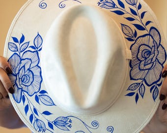 Hand Painted Vegan Suede Mexican Hat: Floral Artisan Design