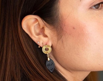 Handmade Oaxaca Barro Negro Earrings, Black Clay & Gold-Plated Accents