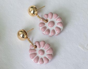 Handmade Talavera Clay Earrings, Pink Floral Ceramic, 18K Gold Plated