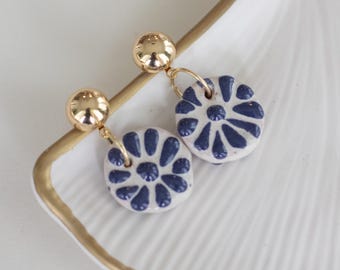 Handmade Talavera Clay Earrings, Blue Floral Ceramic, 18K Gold Plated
