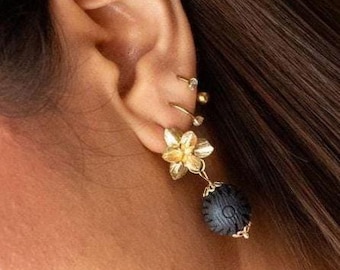 Handmade Barro Negro Earrings, Black Clay & Gold, Oaxacan Jewelry