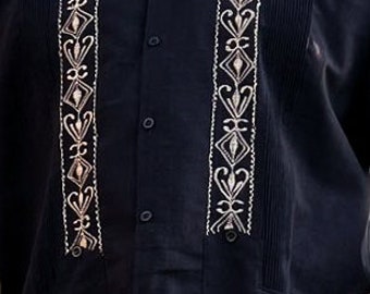 Mexican Traditional Guayabera for him, Linen Shirt for Men, Yucatan Guayabera, button up shirt, gift for him, Black and Tan, Long Sleeve