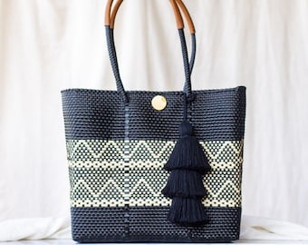 Handwoven Oaxaca Tote Bag, Leather Handles, Upcycled Plastic