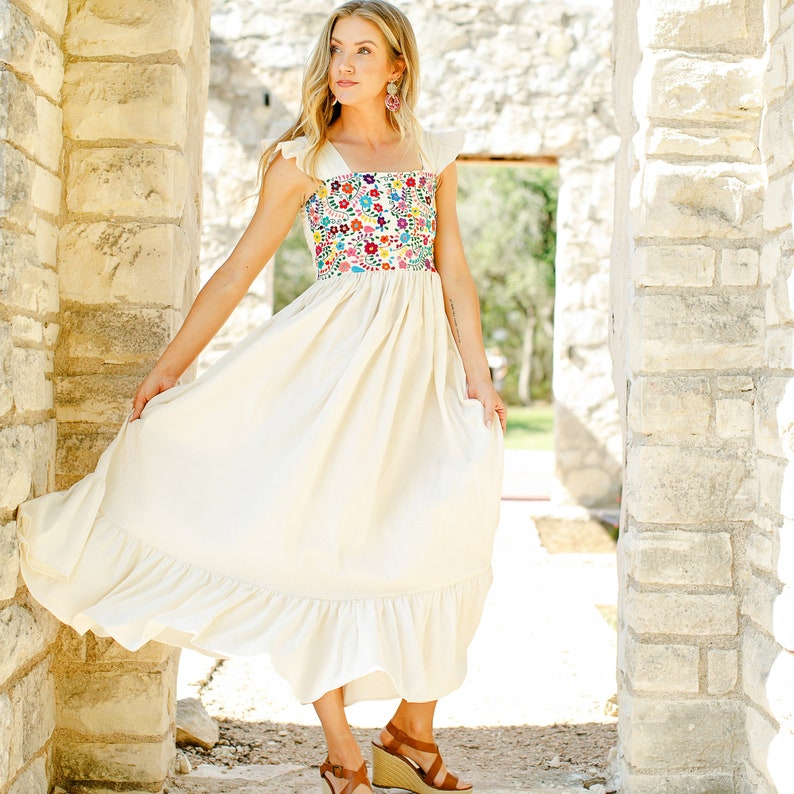 mexican maxi dress ACOSAP Women's Summer Floral Print Off The Shoulder Sleeveless Beach Long Dress at Amazon Women's Clothing store M It has hand embroidered flowers This dress is handmade by Mexican Artisans in San felipe de Usila. Handmade Mexican Long Dress: Embroidered
