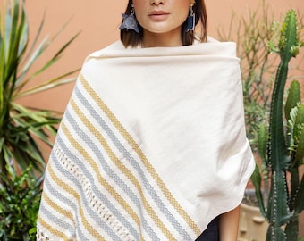 Handwoven Organic Cotton Rebozo Shawl, Mexican Travel Scarf