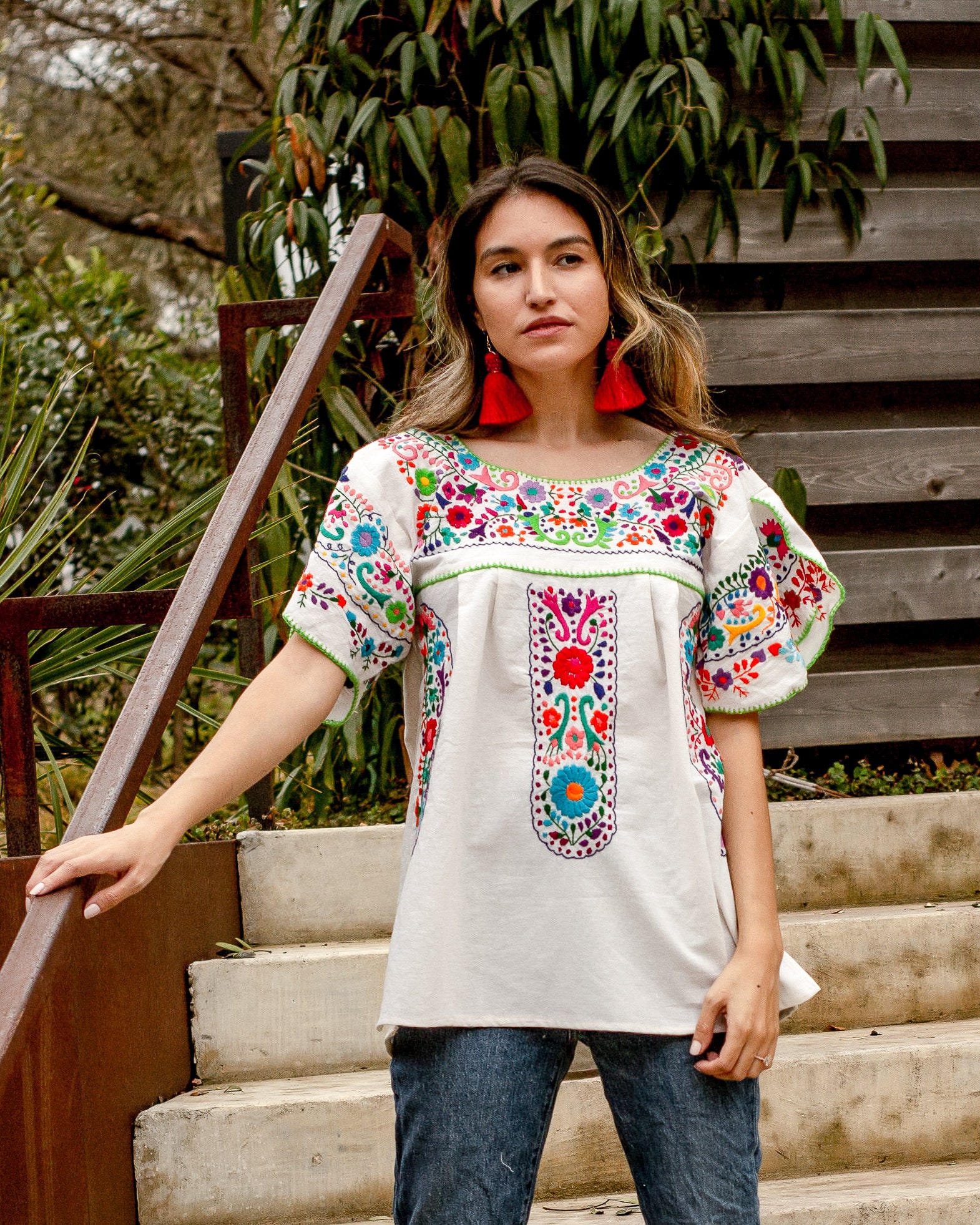 Mexican Embroidered Tunic Top Floral Peasant Blouse Heavily | Etsy