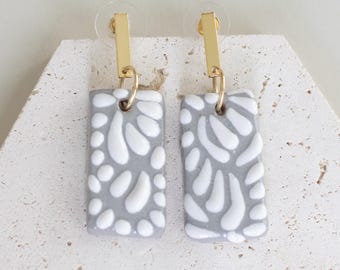 Handmade Talavera Clay Earrings, Gray Floral, 18K Gold Plated