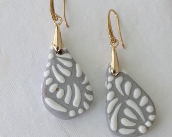 Handmade Talavera Clay Earrings,  Gray Floral Teardrop, 18K Gold Plated