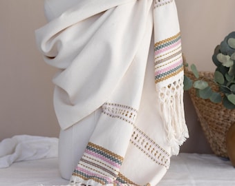 Handwoven Organic Cotton Mexican Rebozo Shawl, Neutral Travel Scarf