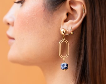 Mexican Talavera Statement Earrings: Blue & White Ceramic, 18K Gold Plated