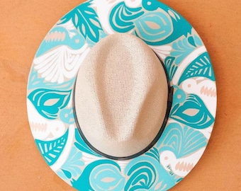 Hand-Painted Mexican Palm Hat: Boho Fedora with Leather Brim