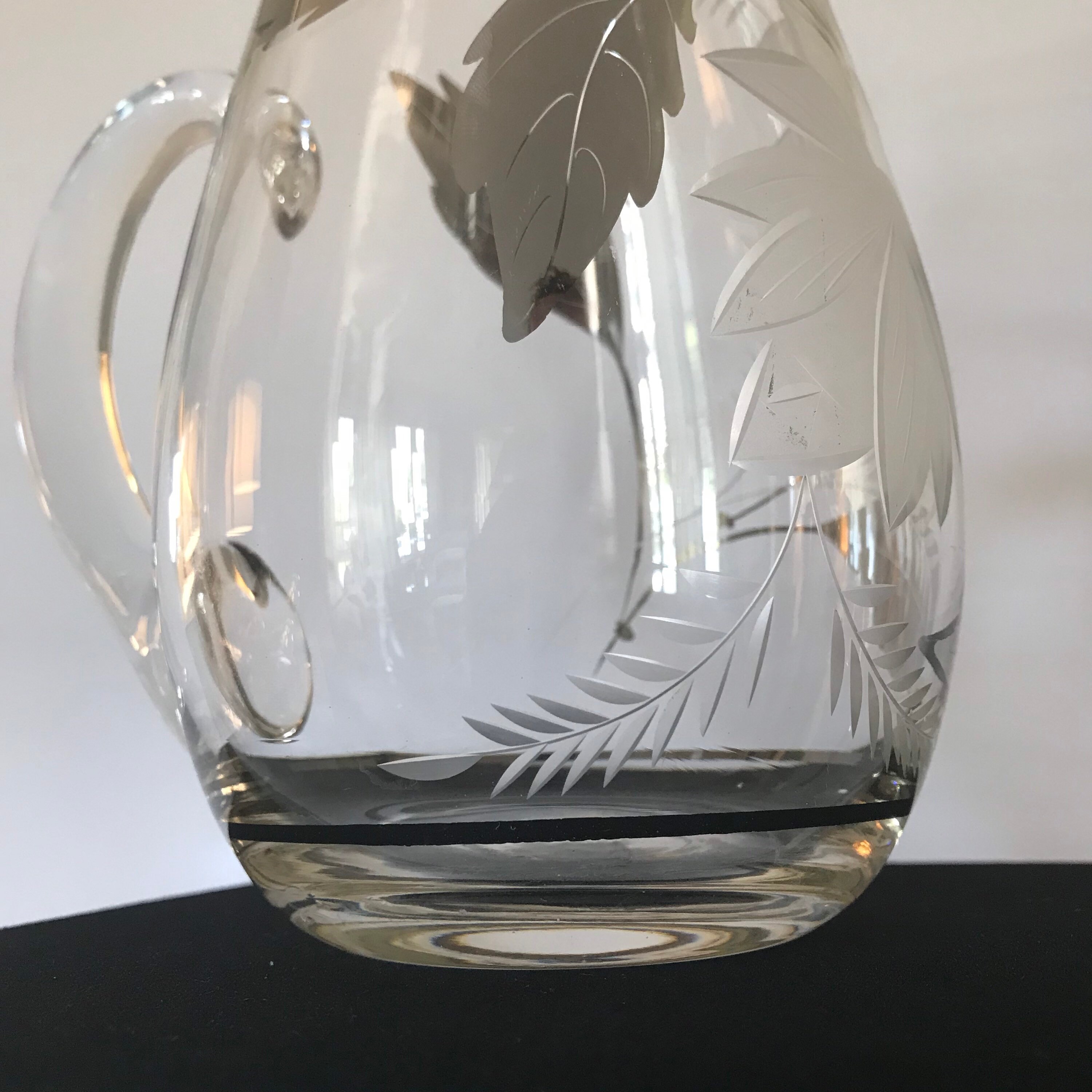 Vintage Art Deco etched flowers glass pitcher with silver Etsy