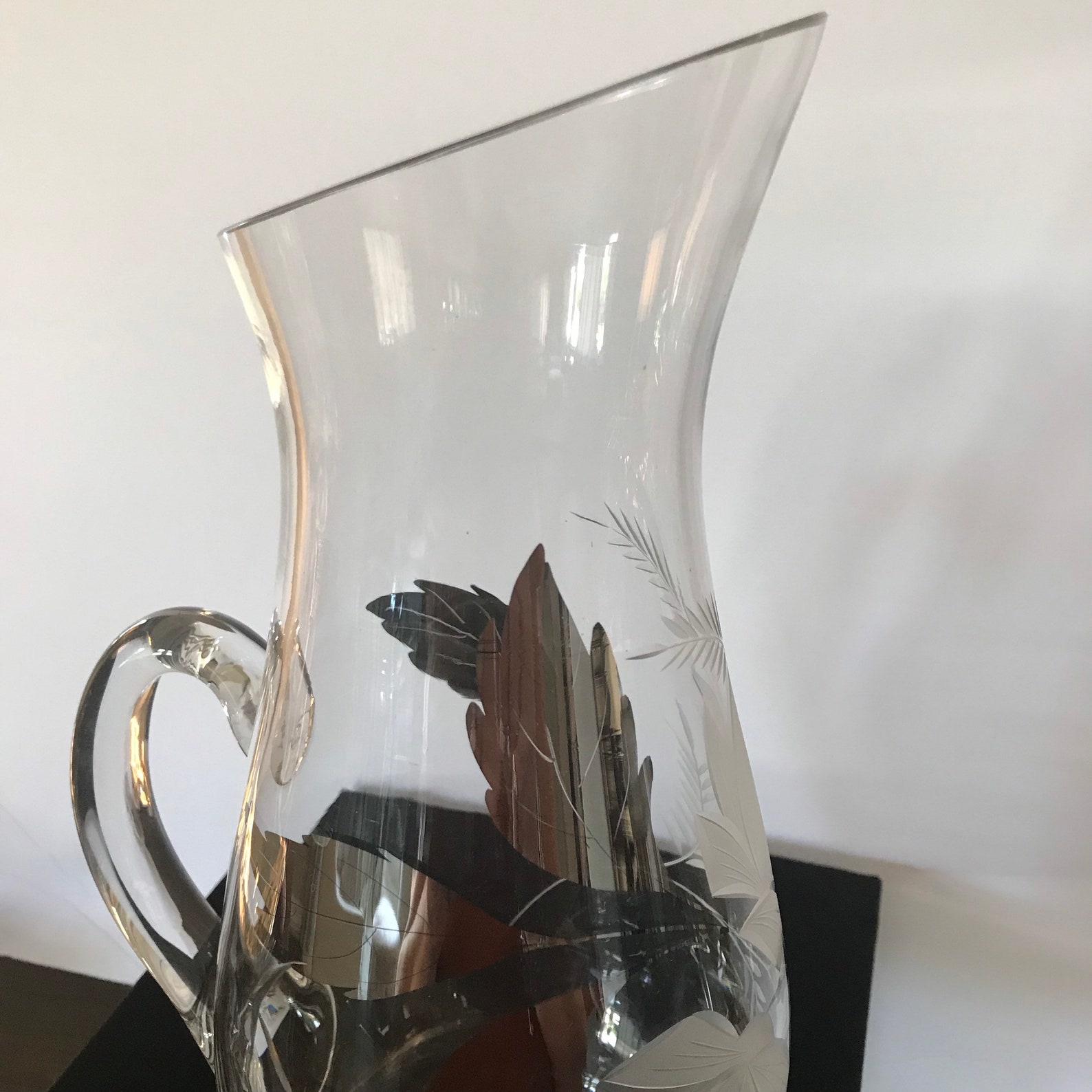 Vintage Art Deco etched flowers glass pitcher with silver Etsy
