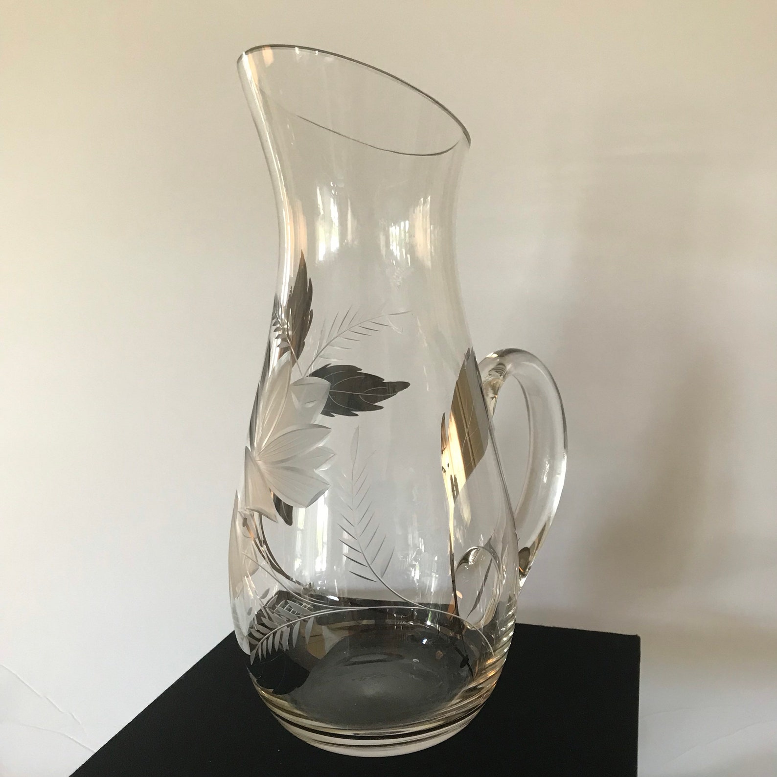 Vintage Art Deco etched flowers glass pitcher with silver Etsy