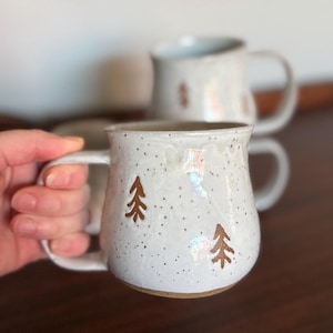 Ceramic holiday mug, big wheel thrown mug with trees