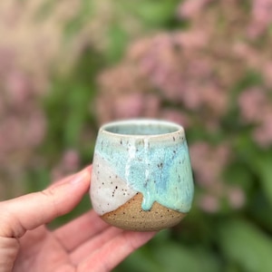 Handmade Ceramic Shot Glass: Speckled Stoneware Espresso Cup White / Juicy Green