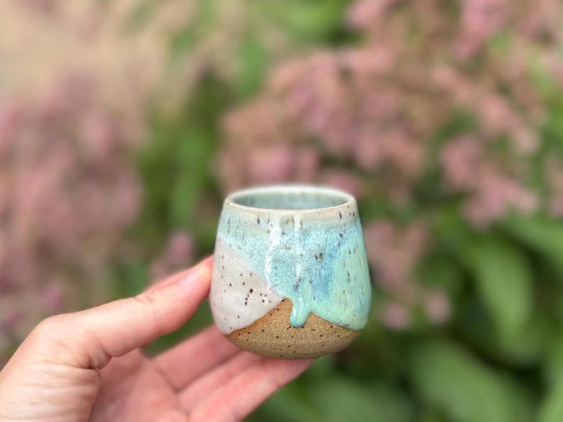 Handmade Ceramic Shot Glass: Speckled Stoneware Espresso Cup White / Juicy Green