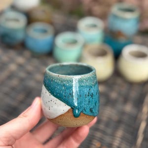 Handmade Ceramic Shot Glass: Speckled Stoneware Espresso Cup White / Dark Teal