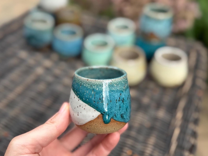 Handmade Ceramic Shot Glass: Speckled Stoneware Espresso Cup White / Dark Teal