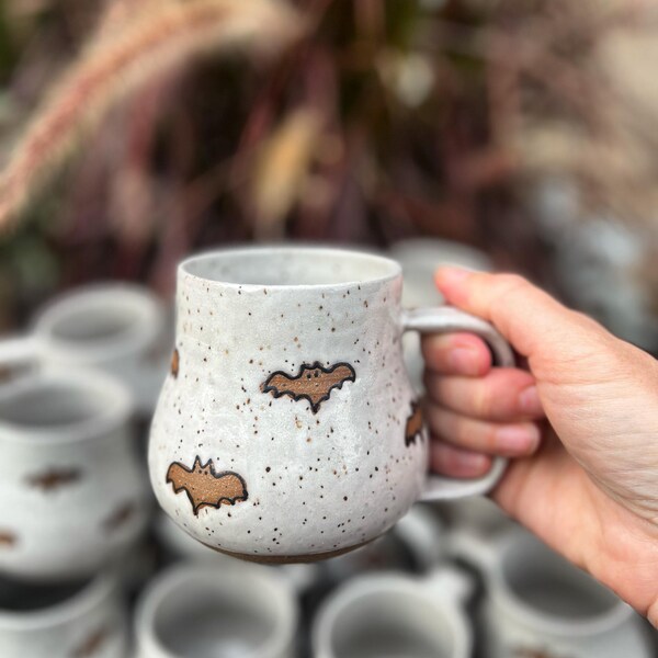 Halloween pottery mug, handmade mug with bats