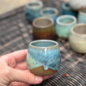 Handmade Ceramic Shot Glass: Speckled Stoneware Espresso Cup Juicy Green / Blue