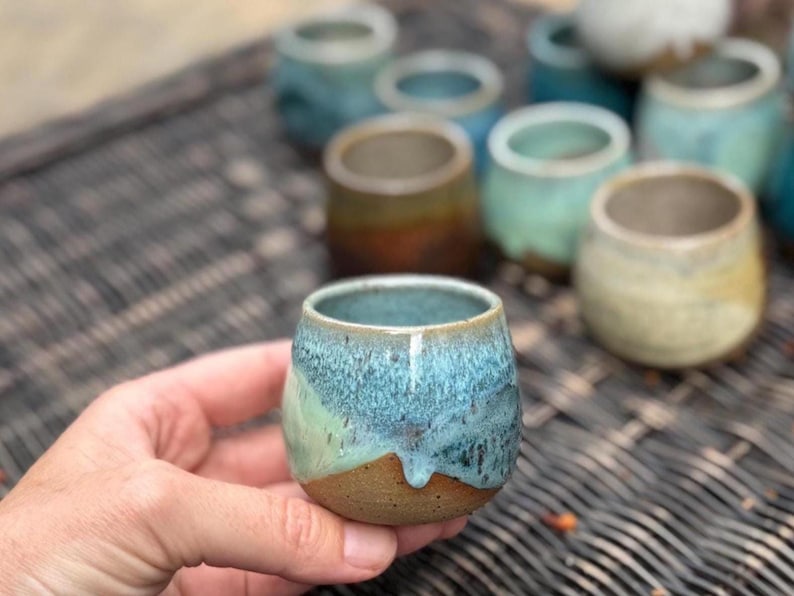 Handmade Ceramic Shot Glass: Speckled Stoneware Espresso Cup Juicy Green / Blue