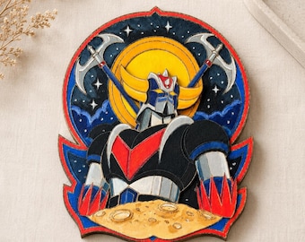 May include: A multi-layered wooden wall art piece featuring a robot character with a yellow crest, red chest emblem, and silver accents. The robot holds two silver axes against a dark blue starry night sky with a large yellow moon and cratered surface.