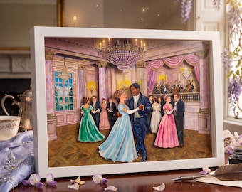 May include: A framed artwork depicting a ballroom scene with couples dancing. The artwork features a chandelier, musicians, and figures in period attire. The color palette includes blues, pinks, and golds, creating a romantic atmosphere.