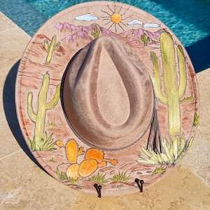 Hut mit breiter Krempe Hand bemalt, Wüste Hut mit breiter Krempe Vegan Wildleder Hut