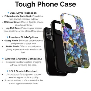May include: A black phone case with a floral design in shades of blue, purple, and white. The case is shown in layers, highlighting its dual-layer protection and features like wireless charging compatibility and scratch resistance. Text reads "Tough Phone Case".