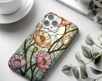Custodia per telefono con motivo floreale in stile Art Nouveau in vetro colorato, elegante e resistente per iPhone 16, 15, 14, Samsung Galaxy s25, s24, S23, Google Pixel, regalo per lei