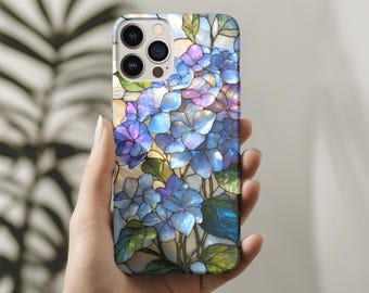 Custodia per iPhone MagSafe con motivo a ortensia in vetro colorato, resistente custodia per iPhone 14, 15, 16, 17 con motivo floreale e fiori di campo, custodia per iPhone MagSafe