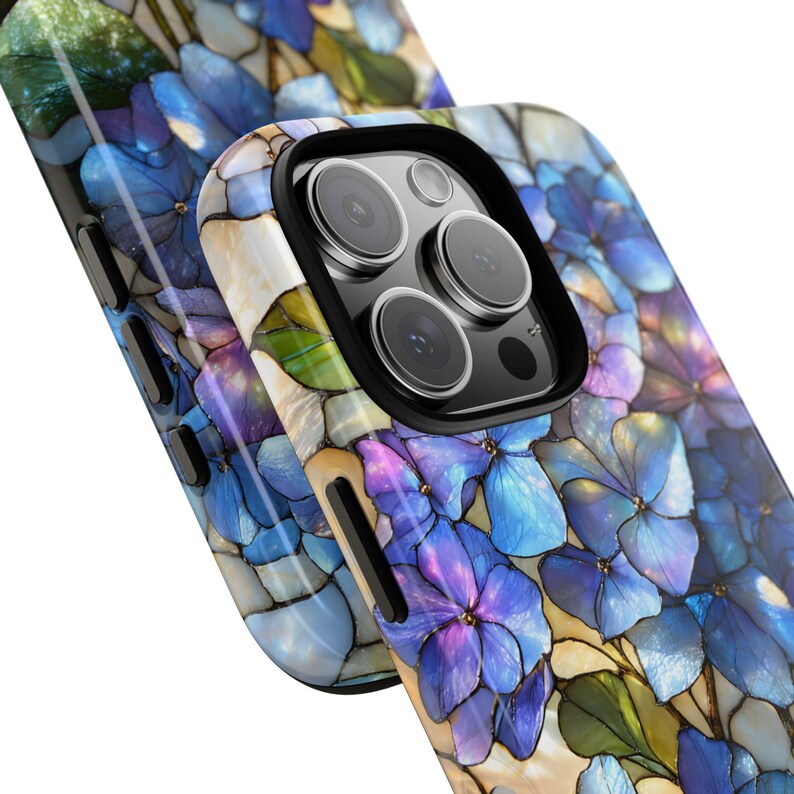 Stained Glass Hydrangea Floral Phonecase, Tough Botanical Wildflower Phone Case for iPhone 17, 16, 15, 14, Samsung Galaxy S25, S24, Pixel image 3