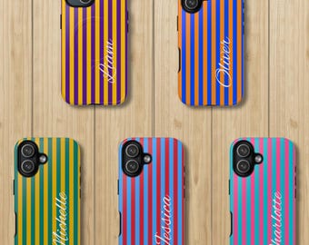Custodia per telefono personalizzata a righe, custodia per telefono con estetica preppy, custodia resistente con nome personalizzato, iPhone MagSafe, Samsung Galaxy, Pixel