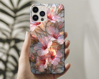 Pink Hibiscus Stained Glass Phone Case, Floral Tropical Phonecase for iPhone 17,16,15,14, Samsung Galaxy S25,S24,S23, Google Pixel Cover