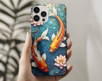 Custodia resistente per telefono con carpa koi e fiori di loto in vetro colorato per Samsung Galaxy, Google Pixel e iPhone