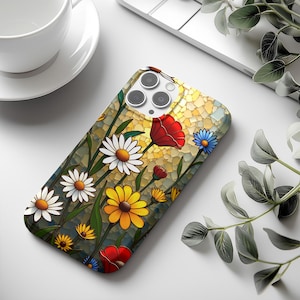 Stained Glass Phone Case, Floral Wildflower Protective Case for iPhone 13, 14, 15, 16 & Samsung S25, S24, Trendy Artistic Pixel Phonecase