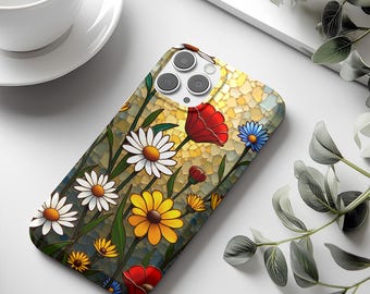 Telefoonhoesje met gebrandschilderd glas, beschermhoes met bloemen en wilde bloemen voor iPhone 13, 14, 15, 16 en Samsung S25, S24, trendy artistiek pixelhoesje