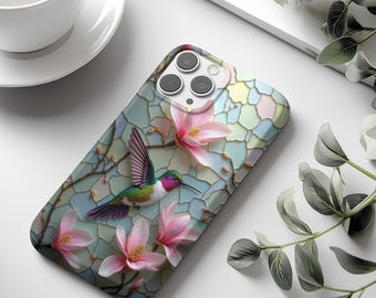 Stained Glass Hummingbird Phone Case, iPhone 15 16 14 13, Samsung Galaxy S25 S24 S23 S22, Floral, Botanical, Wildflower Design Phonecase