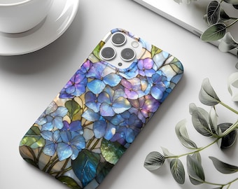 Stained Glass Hydrangea Floral Phonecase, Tough Botanical Wildflower Phone Case for iPhone 17, 16, 15, 14, Samsung Galaxy S25, S24, Pixel