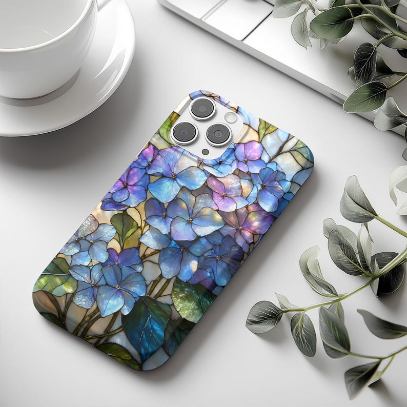 Stained Glass Hydrangea Floral Phonecase, Tough Botanical Wildflower Phone Case for iPhone 17, 16, 15, 14, Samsung Galaxy S25, S24, Pixel image 1