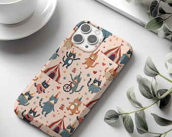Playful Circus Cats Phonecase for iPhone 16,15,14, Samsung S25,S24 & Pixel, Cute Cat Phone Case, Colorful Kitty Art, Quirky Fun Cat Pattern