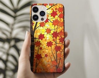 Custodia resistente per telefono con foglie autunnali in vetro colorato per Samsung Galaxy s25, s23, s22, Google Pixel e iPhone 16, 15, 14, 13, 12