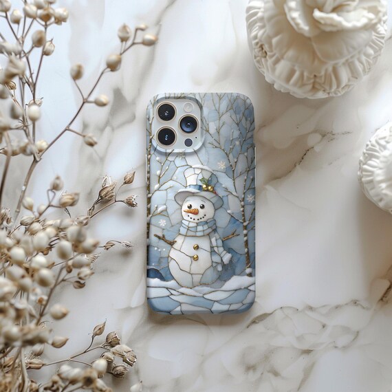 Stained Glass Snowman Phone Case for iPhone 17,16,15,14,13 Samsung S25,S24 Google Pixel, Winter Christmas Phonecase Festive Holiday Cover