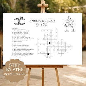 May include: A black and white crossword puzzle with the title "Amelia & Jacob Sip & Solve". The puzzle features a wedding theme with images of rings and champagne glasses.