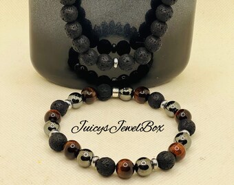 Brown Tiger Eye, Gunsmoke Gray and Black. Double Stack Bracelet Set