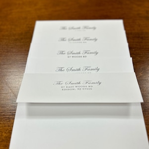 May include: A stack of white envelopes with the text "The Smith Family" and the address "87 East Woods Rd, Edison, NJ 07016" printed on the top envelope.