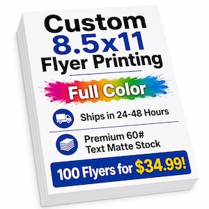 May include: A stack of white paper flyers featuring the text Custom 8.5x11 Flyer Printing in black and blue. Below, a rainbow-colored paint splash graphic sits behind the words Full Color. Icons indicate production details and paper stock.